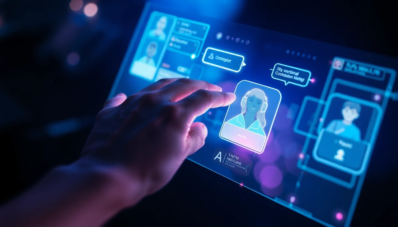 Futuristic AI interface with holographic avatars and chat bubbles in a high-tech environment.