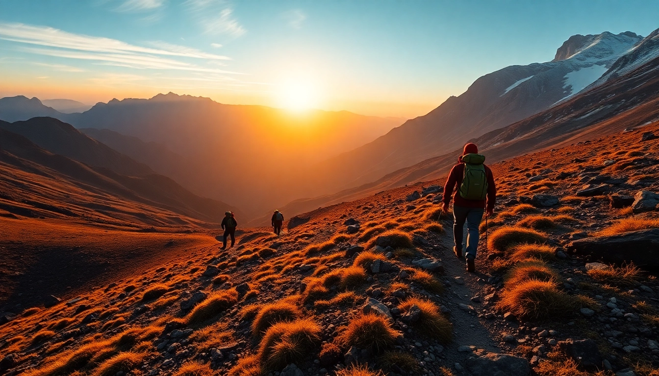 Dynamic trekking scene with hikers navigating mountain paths, showcasing the challenging terrain and natural beauty of outdoor adventures.