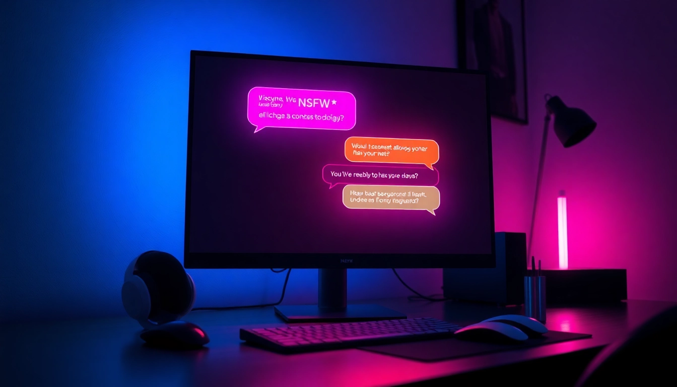Close-up of a computer screen displaying colorful NSFW AI chat bubbles in a dimly lit room.