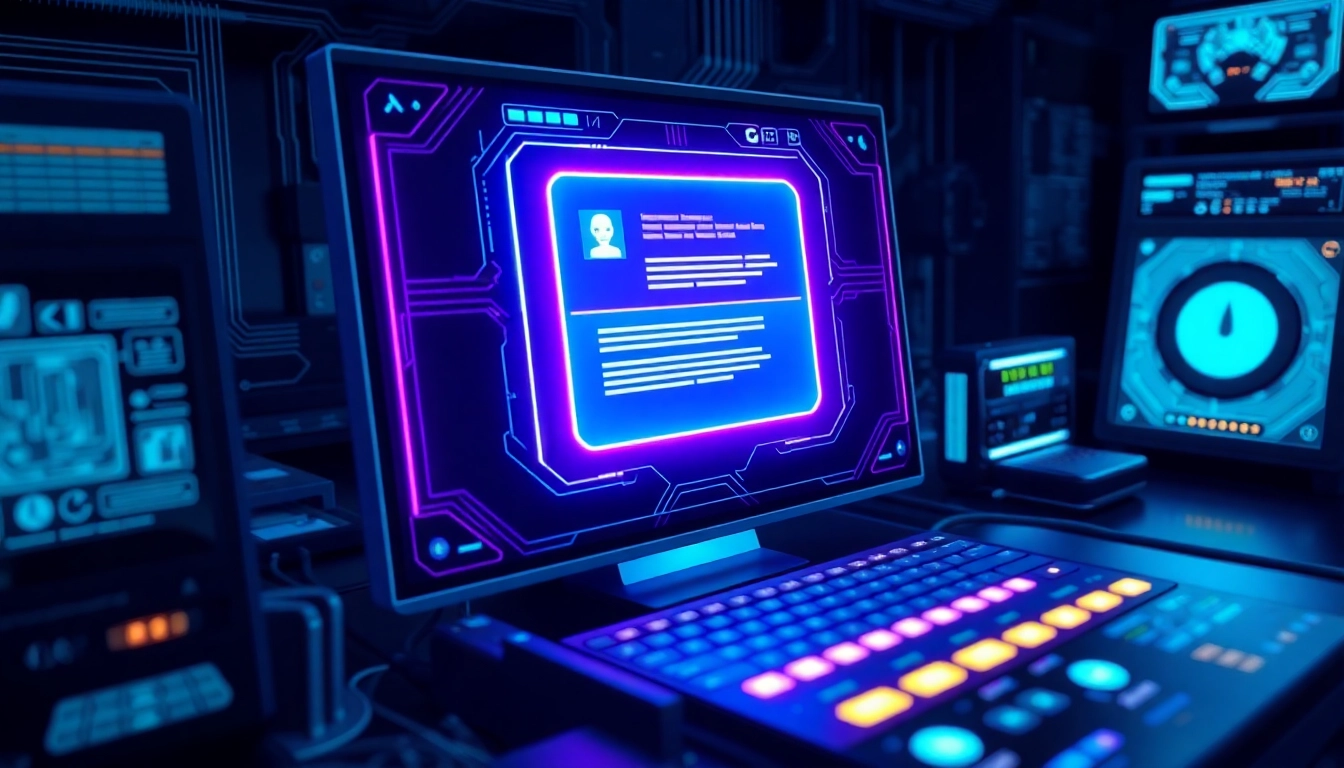 A futuristic AI chat interface on a digital screen with neon accents in a high-tech environment.