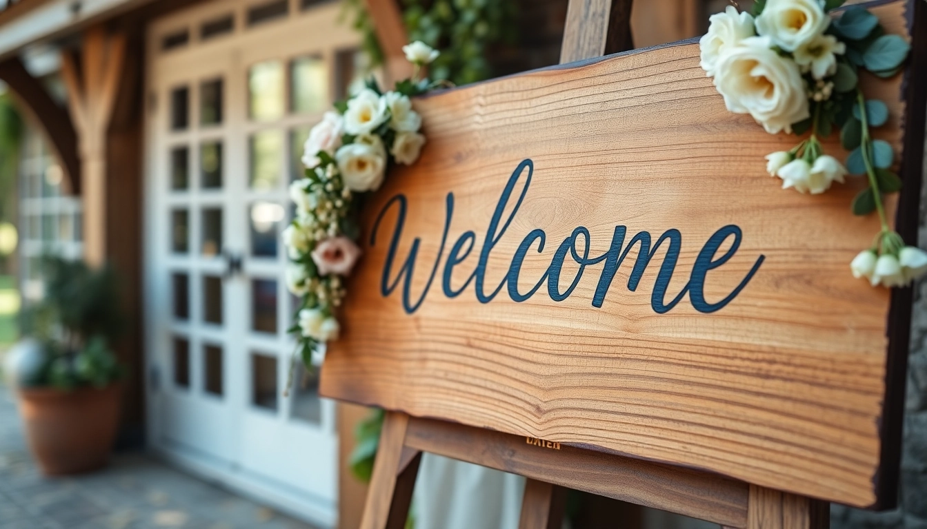 Beautiful wedding welcome sign with calligraphy, personalized with couple's names, inviting guests warmly.