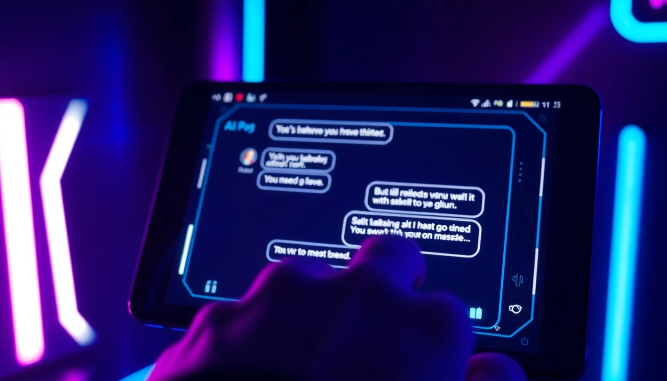A digital interface with AI chatbot conversation glowing against a dark background, evoking intimacy and futuristic technology.