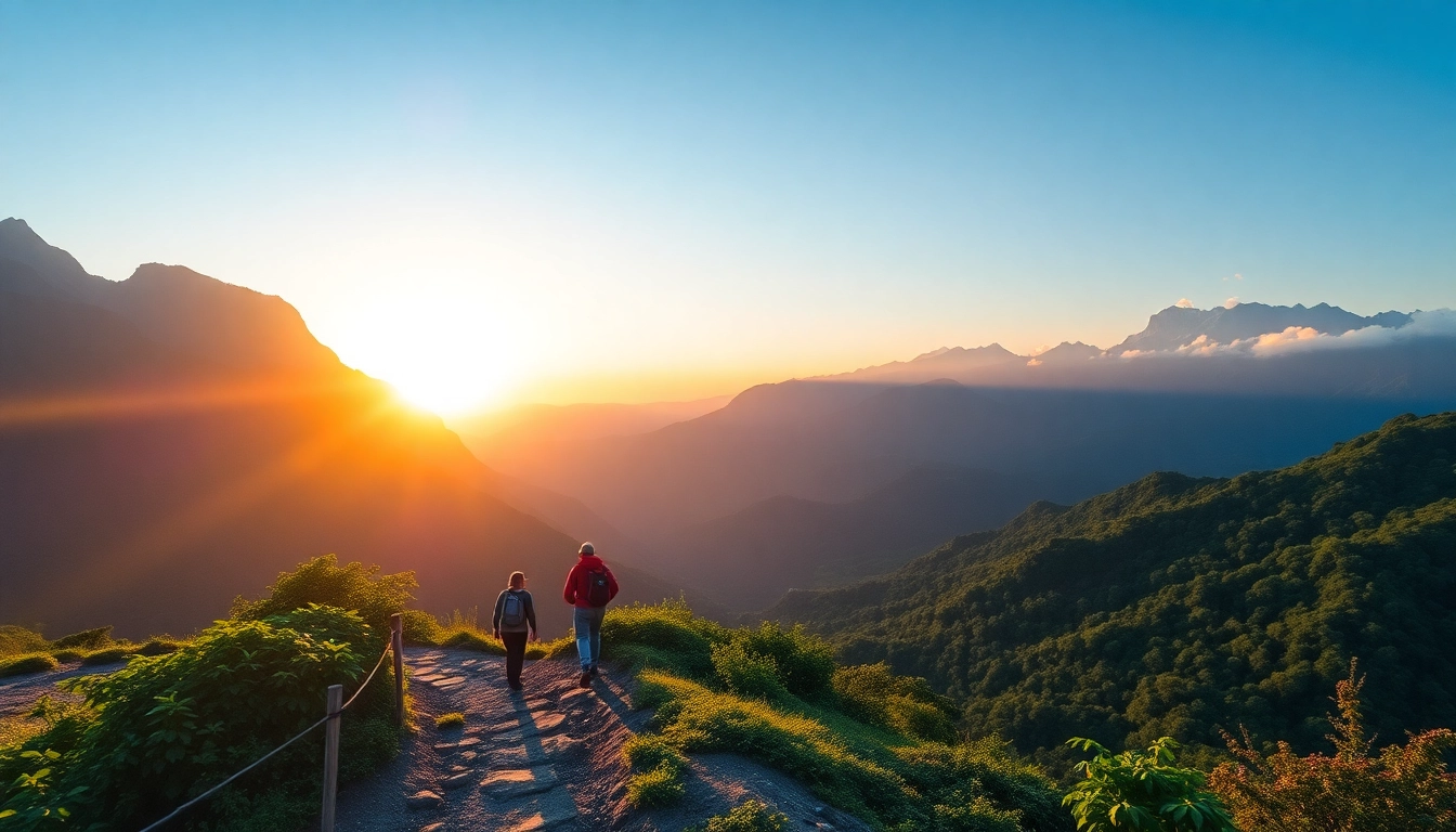 Show a guided trek group navigating scenic mountain terrain, highlighting adventure and exploration.
