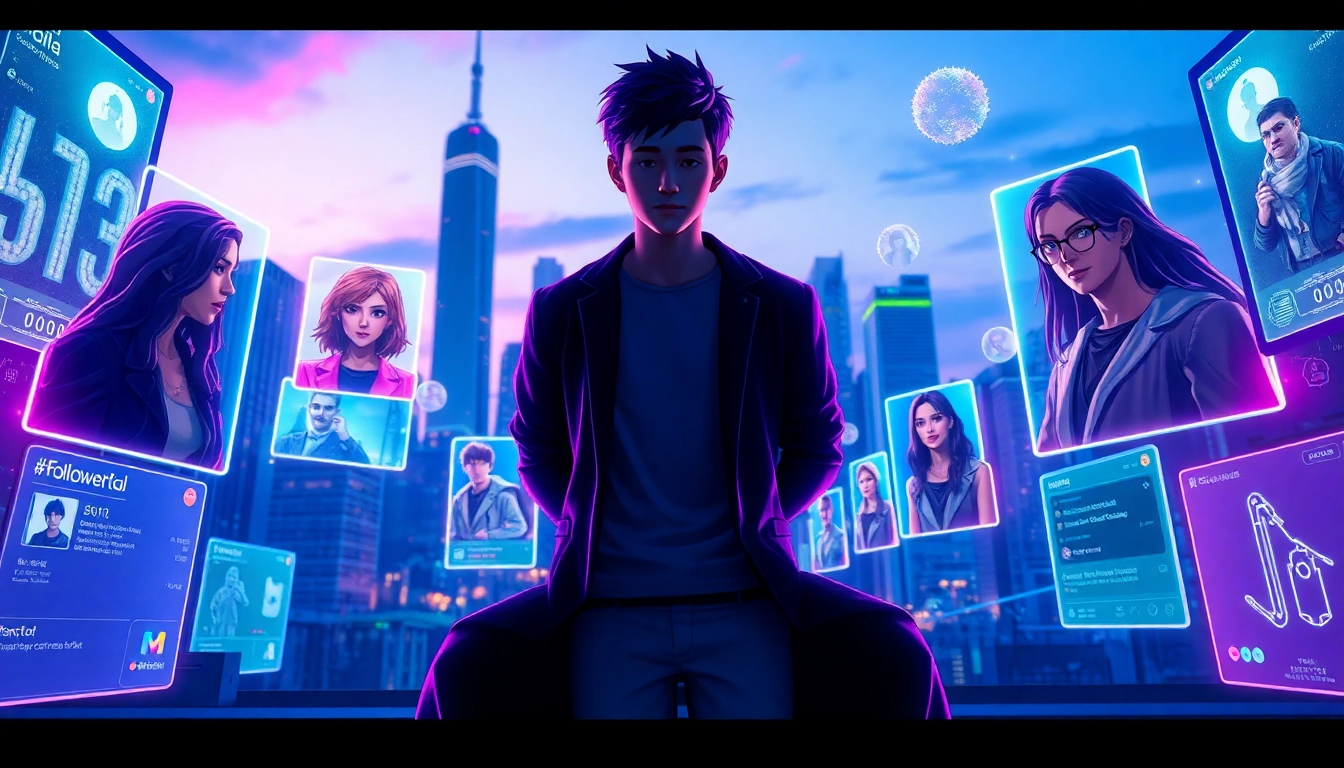 Futuristic social media interface with AI characters and holograms in a cyberpunk cityscape