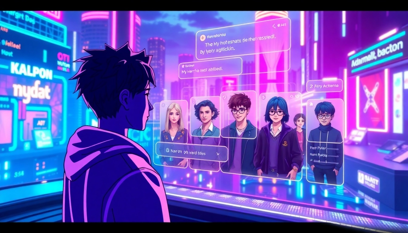 An immersive digital scene featuring virtual characters from fandoms interacting in a neon-lit, futuristic social media environment.