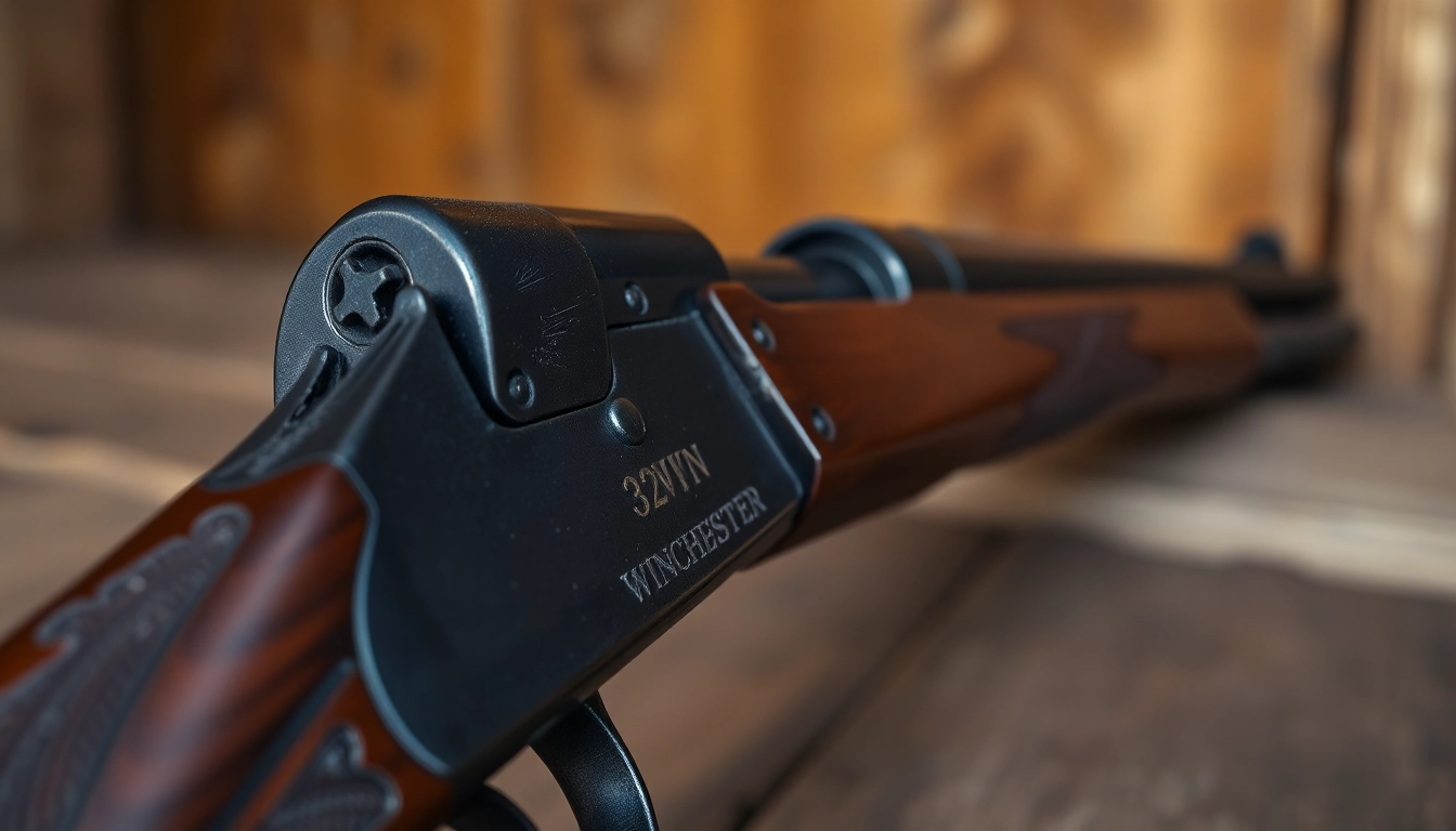 Detailed shot of a classic Winchester rifle featuring the 32WIN cartridge, emphasizing craftsmanship and historical appeal.