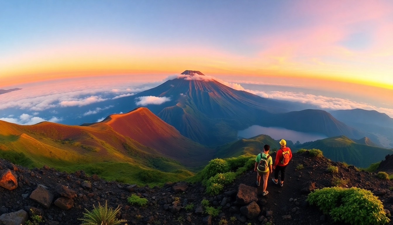 Hikers overlooking Mount Rinjani's crater at sunrise with vibrant colors and lush landscape.