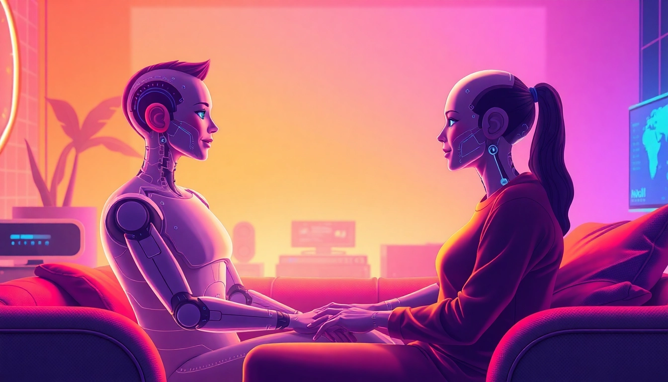 Futuristic intimate scene with holographic AI character and user in cozy room