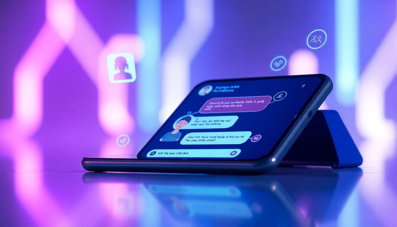 Futuristic smartphone displaying an AI chatbot interface with colorful digital elements and glowing lights.