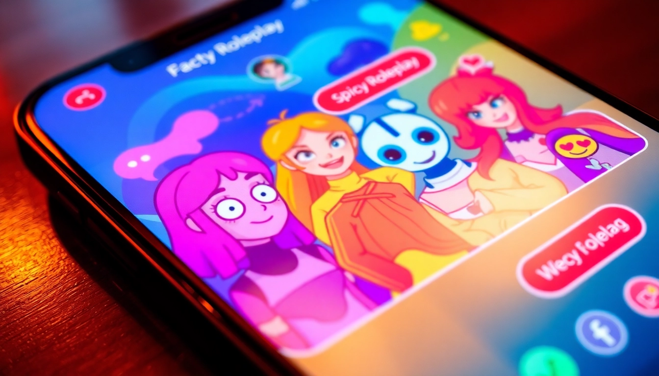 Spicy AI Chat scene featuring animated characters on a vibrant digital screen engaging in provocative roleplay, capturing immersion and fun for users.