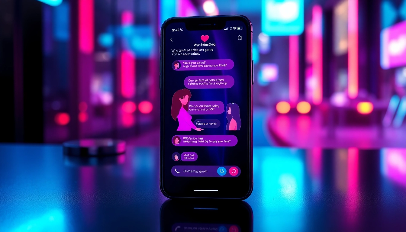 Futuristic smartphone displaying an AI sexting app with animated avatars in a neon-lit environment.