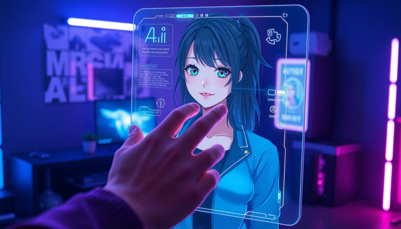 Futuristic holographic AI girlfriend interface with neon lighting and detailed anime-inspired avatar.