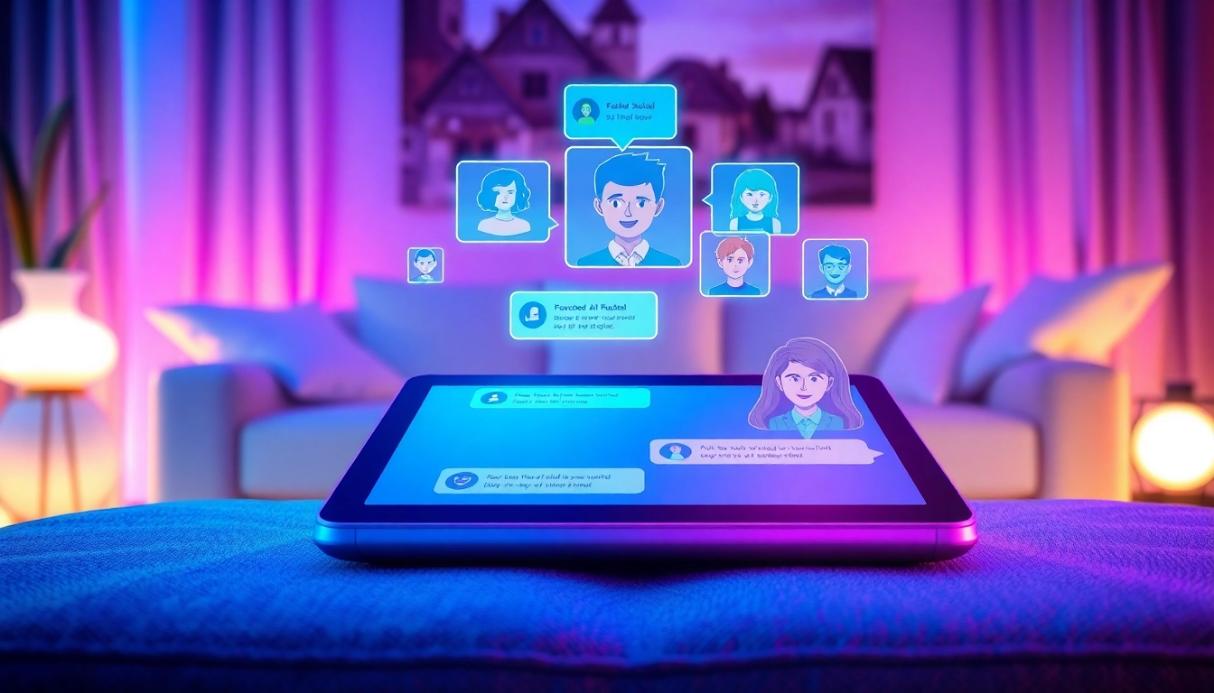 Futuristic chat interface with holographic AI characters in a modern cozy room
