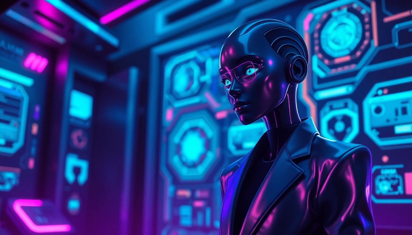 A futuristic AI character with cyberpunk styling surrounded by holographic interfaces in a high-tech environment.