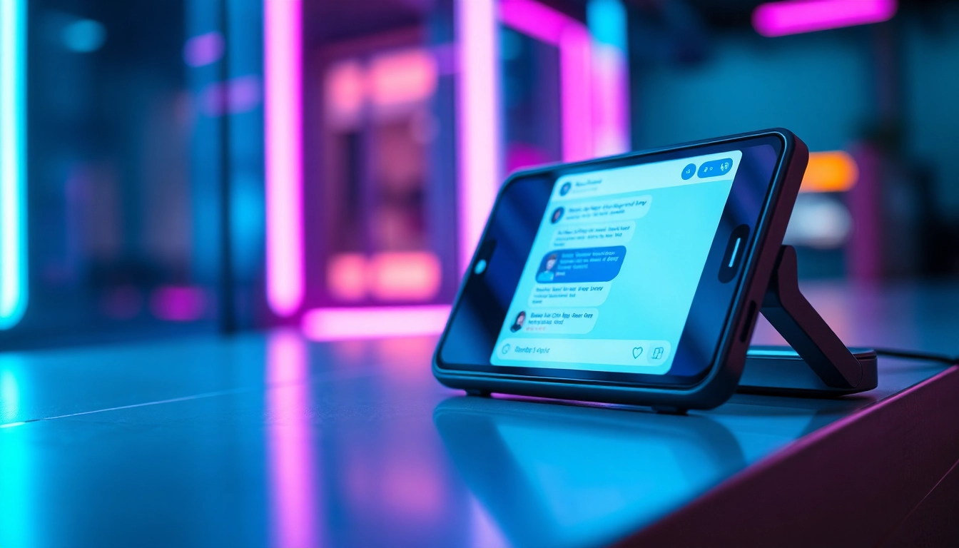 Futuristic digital device displaying an AI chat interface with colorful characters in a neon-lit environment.
