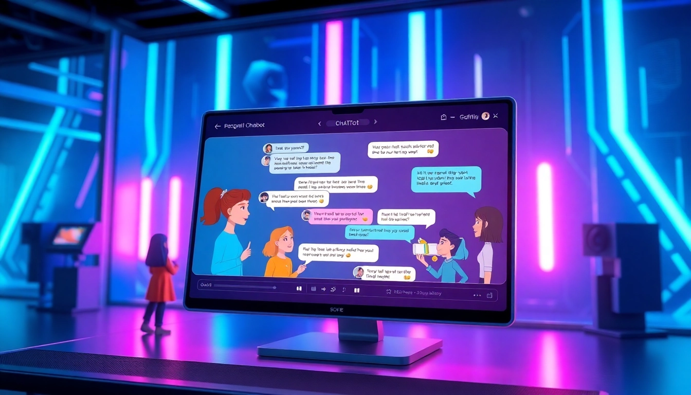 Illustration of a futuristic AI chatbot platform with animated characters interacting on a sleek digital screen.