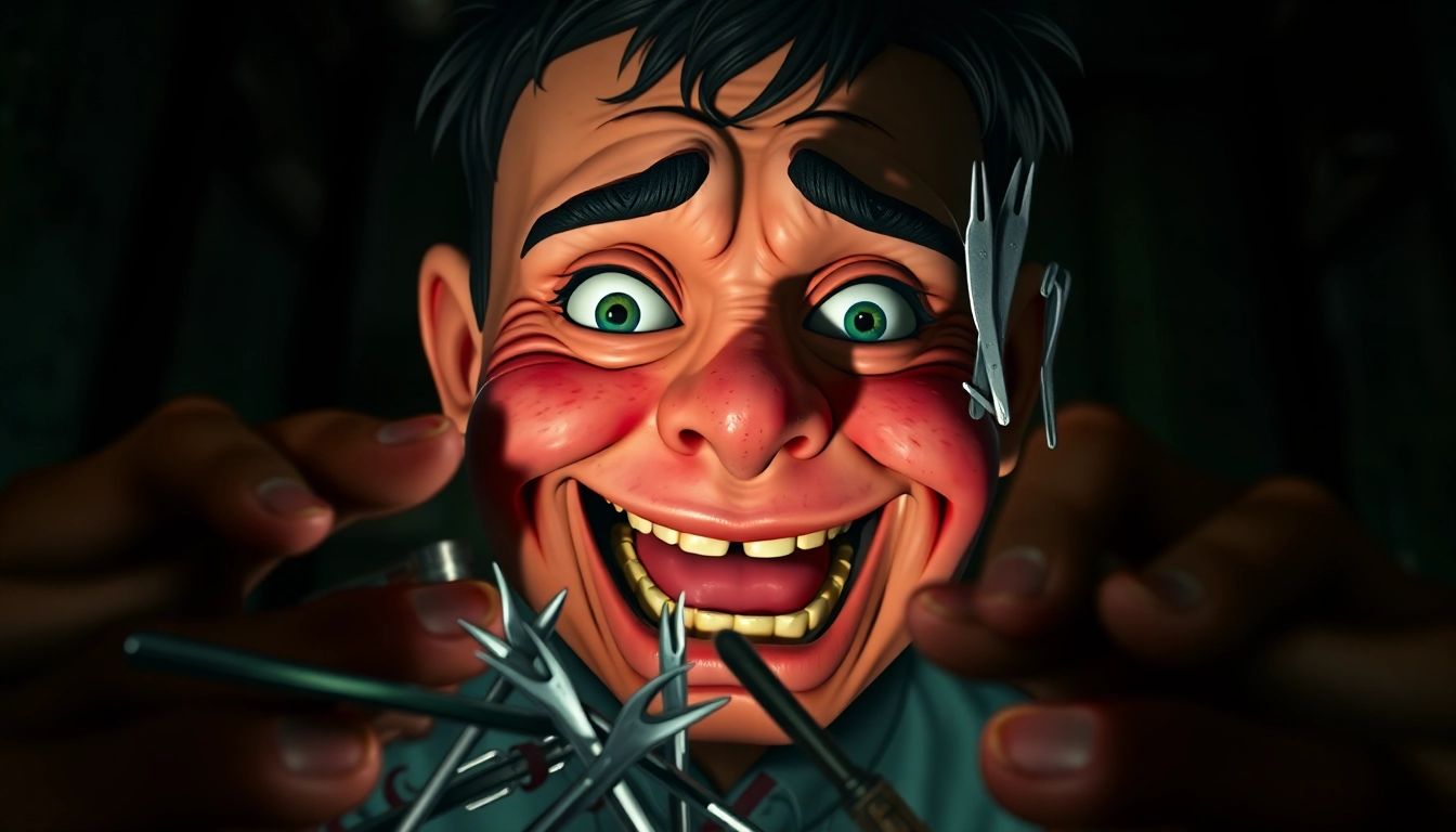 Distressed character Harvey with tools of violence in a dark, unsettling setting, emphasizing pain and moral tension.