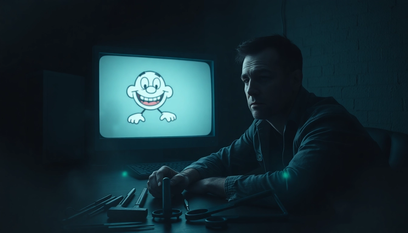 A distressed man sitting at a computer with a disturbing cartoon character on the screen, surrounded by ominous tools and dark textures, illustrating psychological horror.