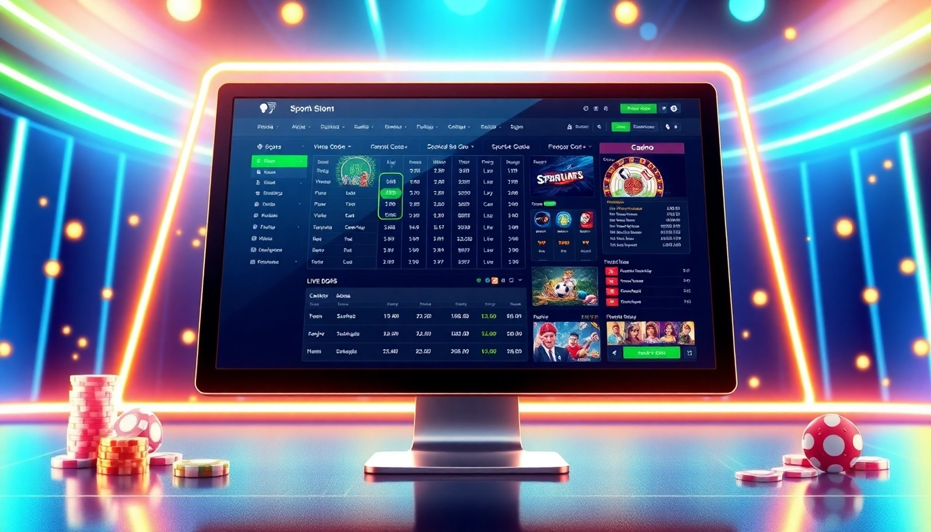 Digital illustration of an online sportsbook and casino platform with vibrant neon lights and gaming elements.