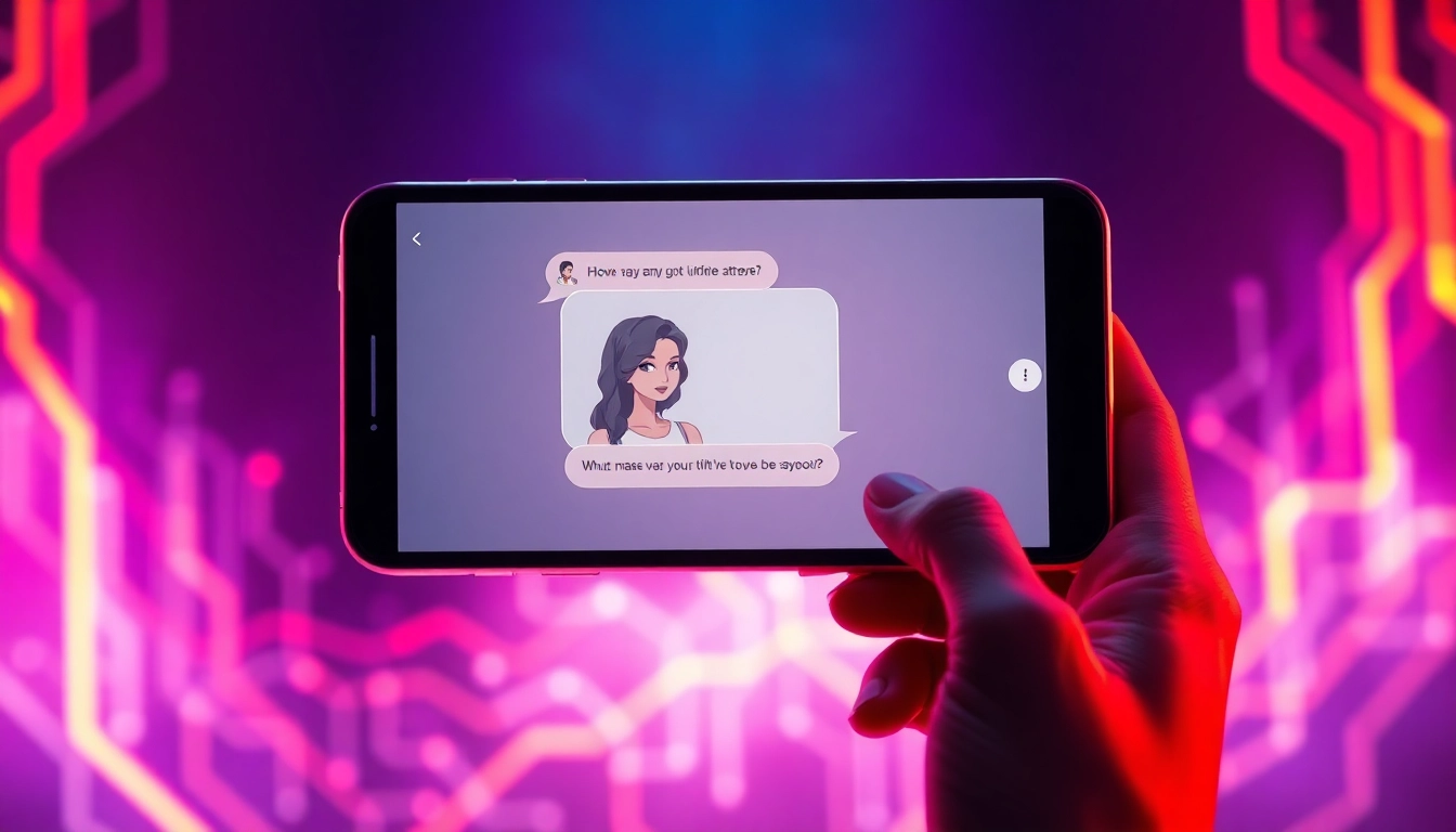 Futuristic smartphone displaying an AI chat interface with a digital avatar in a neon-lit environment.