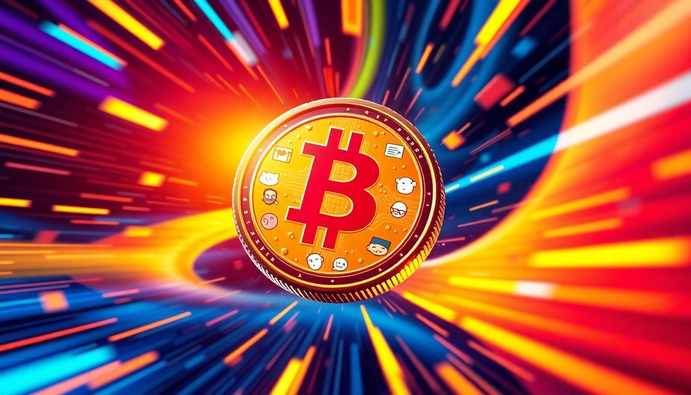 Memecoin cryptocurrency surrounded by meme symbols illustrating its viral and volatile nature