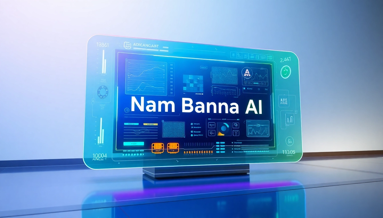Futuristic AI interface showcasing Nano Banana AI on a holographic screen with vibrant neon colors and advanced digital elements.