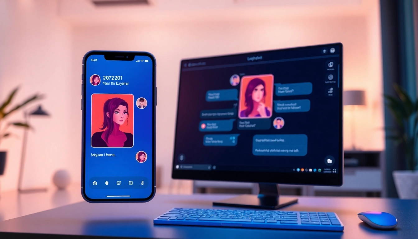 A sleek smartphone and desktop displaying AI chat interfaces with customizable characters, set in a cozy, modern environment.