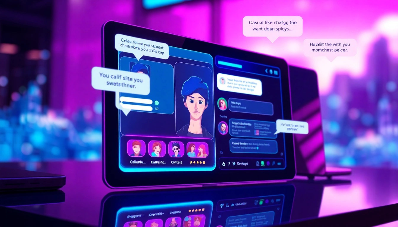 Futuristic digital interface with AI character profile and vibrant neon accents representing AI chatbot technology.
