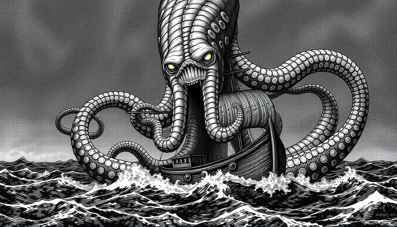 Kraken Ancient Nordic drawing of giant Kraken attacking ship with glowing eyes and massive tentacles