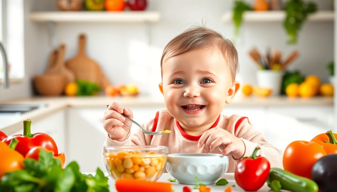 Healthy baby food Made in Italy is shown with a happy baby eating fresh fruits and vegetables
