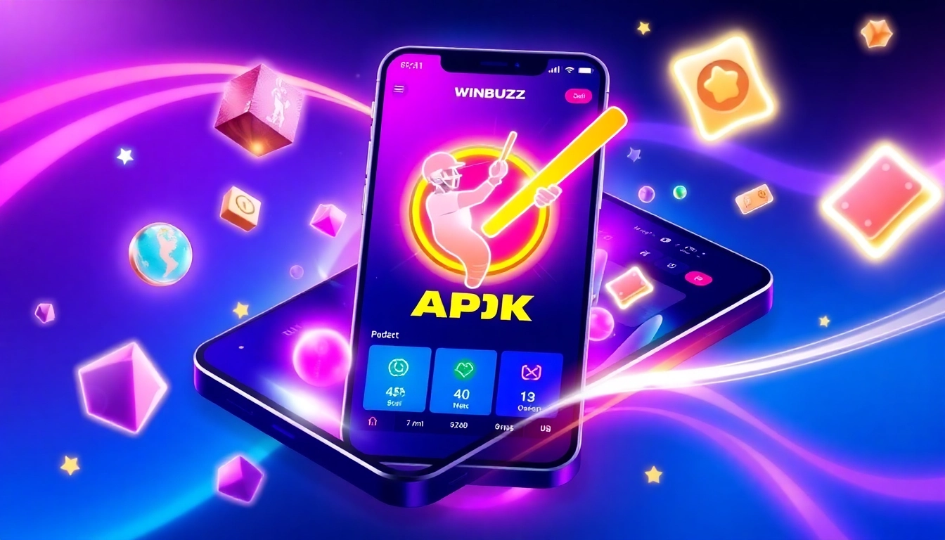 Winbuzz Apk logo displayed on a smartphone screen with betting and cricket icons in a colorful,