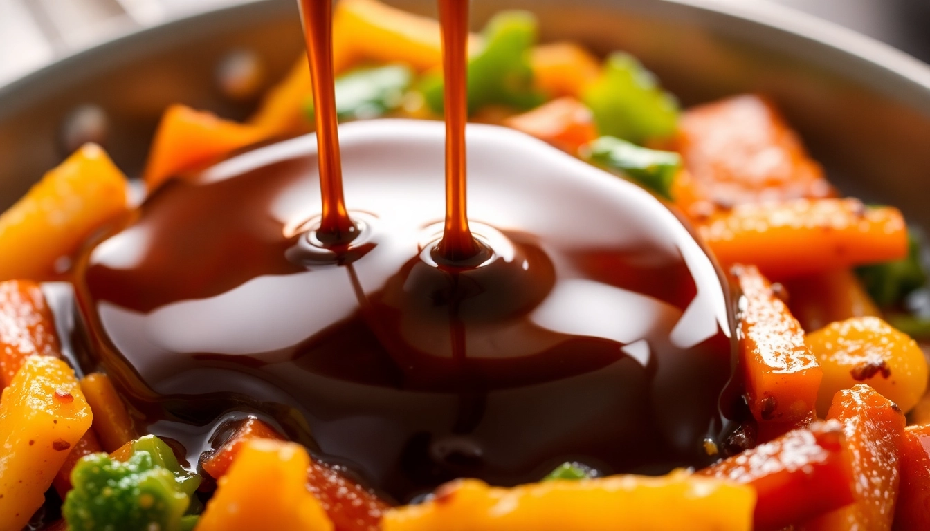 Premium Dark Soy Sauce being poured over vegetables for authentic Asian cooking, highlighting