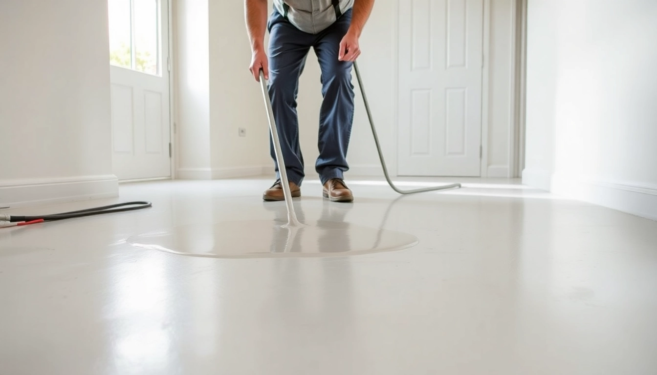 Professional team applying liquid screeding Birmingham floor for high precision and durability