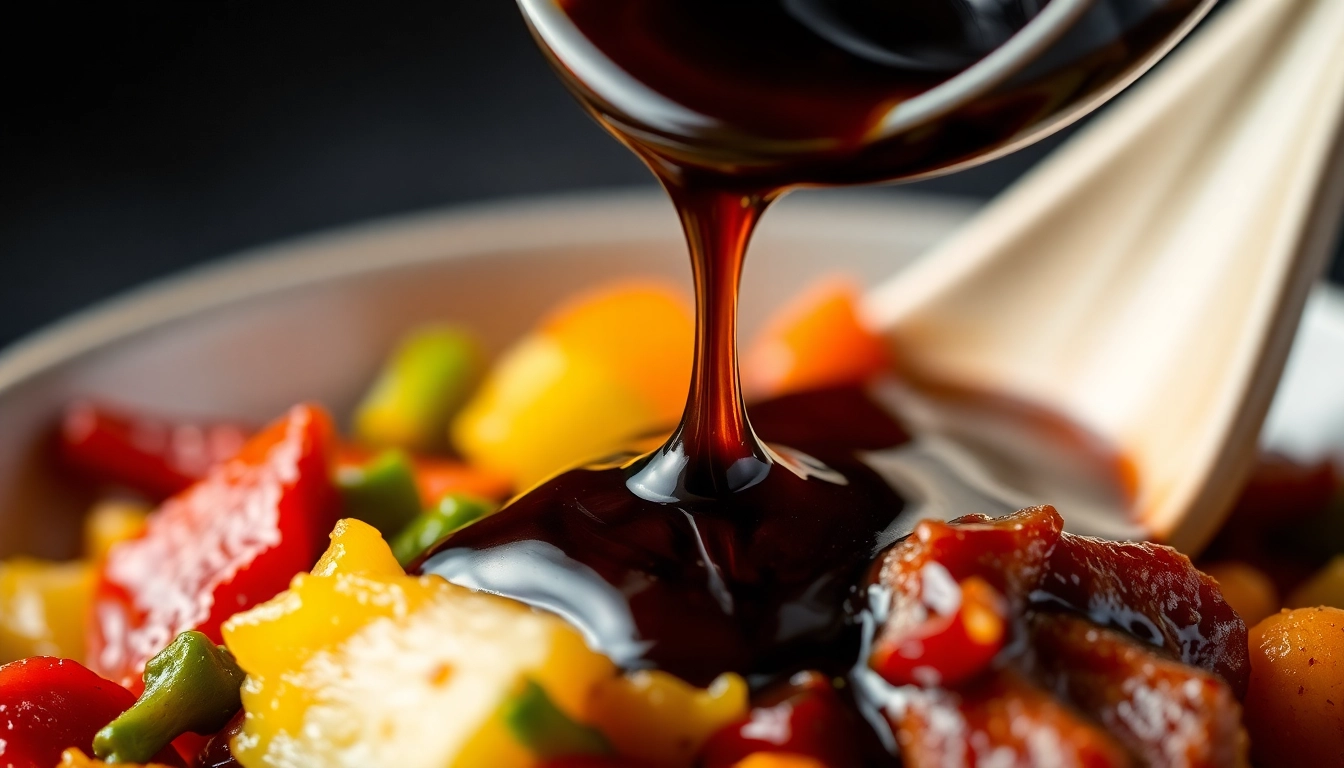 Dark Soy Sauce being poured over Asian stir-fry to enhance flavor and color